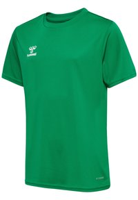 Korte ærmer atletisk skjorte i lys grøn, lavet af åndbart materiale, med rund hals og lille hvidt logo på venstre bryst.