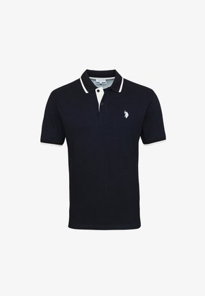 Czarna koszulka polo z białym akcentem na kołnierzyku i rękawach. Zawiera małe haftowane logo po lewej stronie klatki piersiowej. Materiał bawełniany.