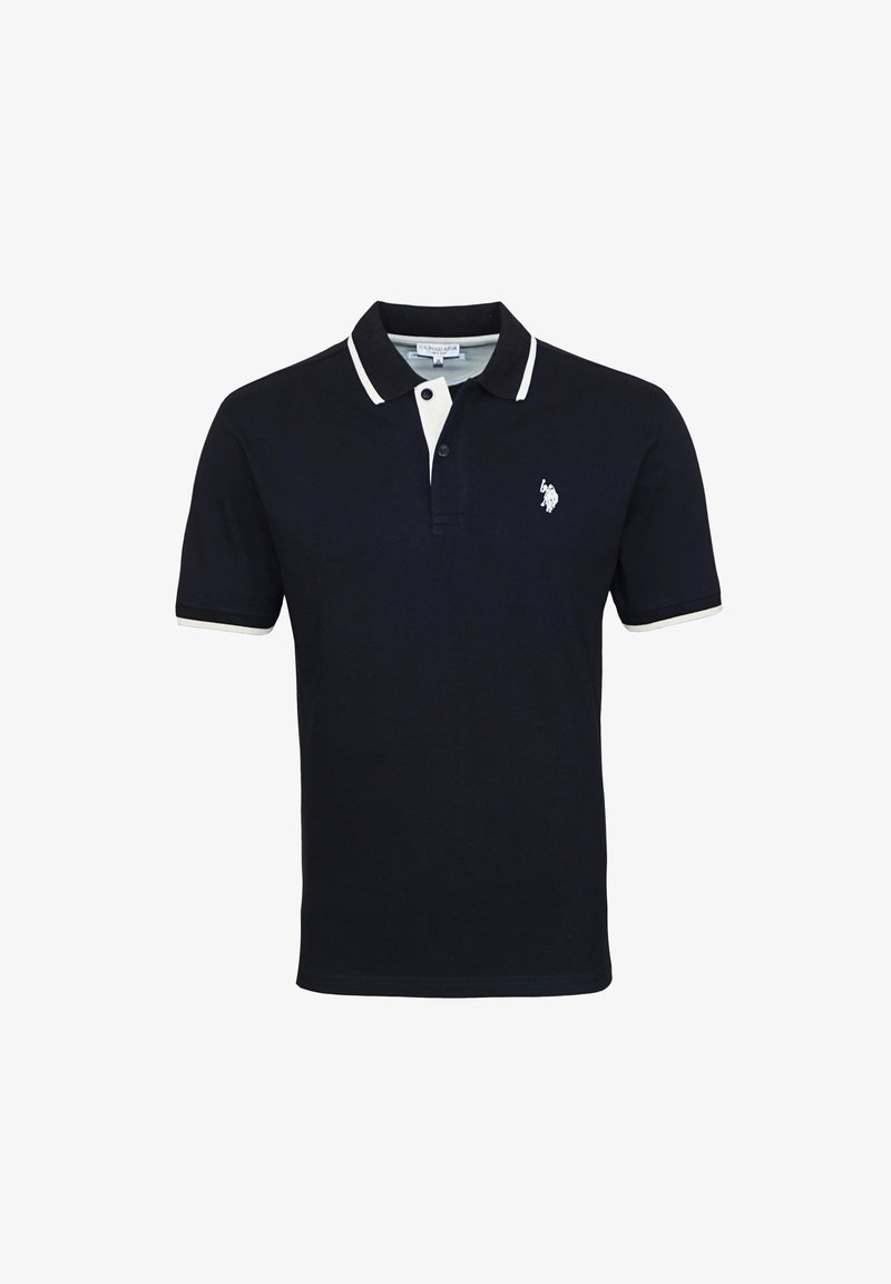 Polo noir avec un col et des ourlets de manches blancs. Contient un petit logo brodé sur la poitrine gauche. Matériau en coton.