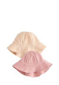 Zwei Bucket-Hüte in hellbeige und sanftem Pink, aus strukturiertem Stoff mit kreisförmigen, erhabenen Mustern und breiten Krempen zum Sonnenschutz.