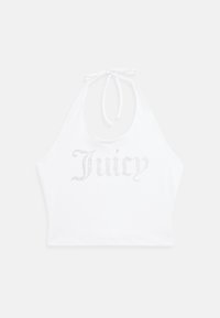 Bijela halter majica izrađena od mekanog materijala, s kamenčićima na prednjoj strani s natpisom "Juicy". Veže se oko vrata za prilagodljivi fit.