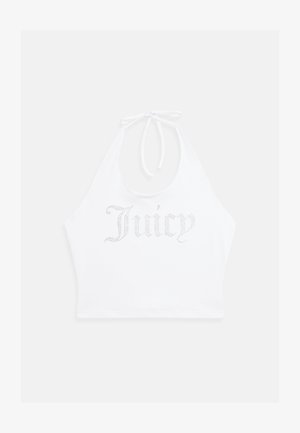 Top halter branco feito de tecido macio, com texto em strass "Juicy" na frente. Laços no pescoço para ajuste.