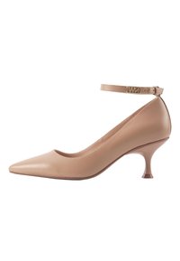 Pumps nude in pelle con tacco alto, punta affusolata e sottile cinturino alla caviglia. Il sottile tacco a stiletto presenta una base rotonda unica. Finitura liscia e lucida.
