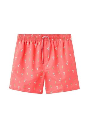 Korallfarbene Badeshorts mit elastischem Bund und Kordelzug, gemustert mit kleinen Martini- und Olivenillustrationen.