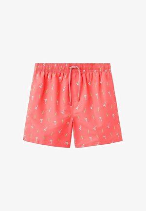 Koralske kopalne hlače z elastičnim pasom in vrvico, okrašene z majhnimi ilustracijami martini kozarcev in oliv.