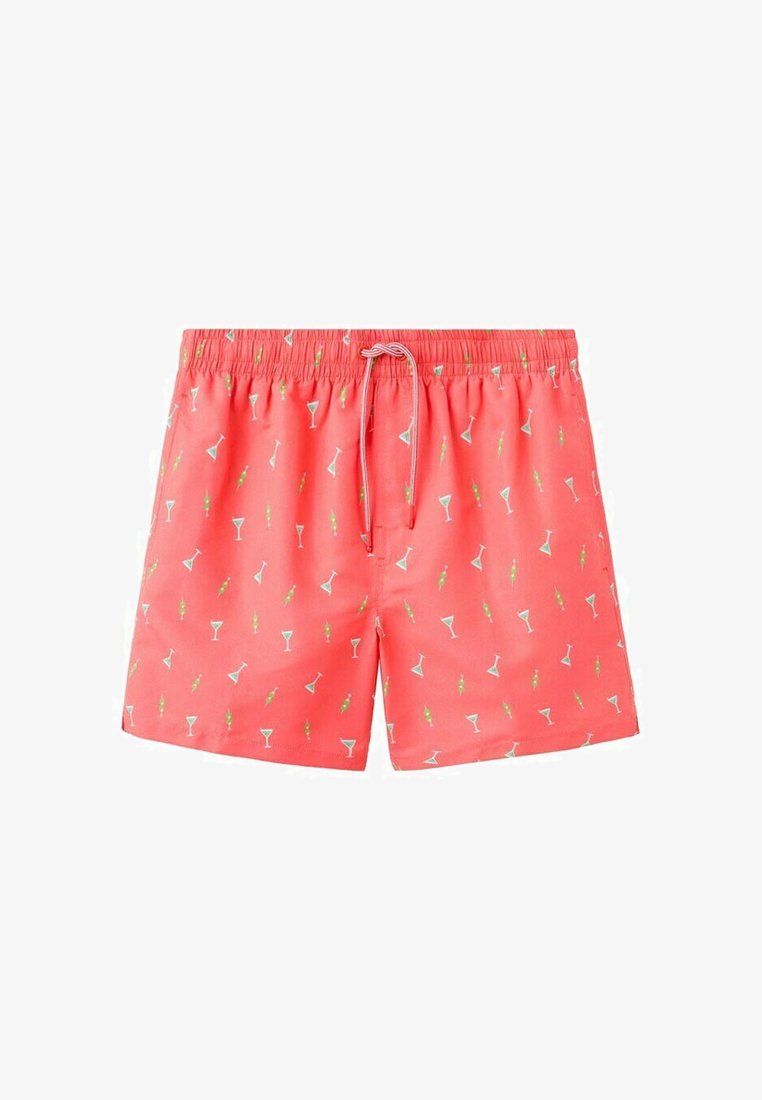 Shorts de bain corail avec taille élastique et cordon de serrage, ornés de petits motifs de martini et d'olives.