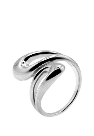 Silberner Ring mit modernem offenem Design, das zwei glatte, geschwungene Bänder zeigt, die sich teilweise in einer eleganten, polierten Oberfläche überlappen.