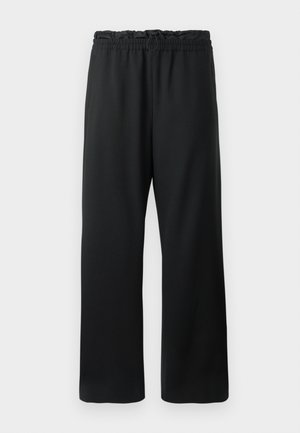 Zwarte broek met een wijd uitlopende pasvorm, elastische tailleband met drawstring en een soepel, lichtgewicht materiaal. Inclusief zijzakken.