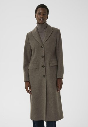 Kvinde iført en lang, brun uldfrakke over en taupe turtleneck sweater, stående foran en ensfarvet lys grå baggrund.