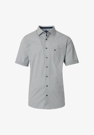 Koszula z krótkim rękawem, zapinana na guziki w jasnoszarym kolorze z geometrycznym niebieskim wzorem, z kołnierzykiem punktowym i jedną kieszenią na piersi.