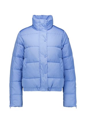 Helles blaues Daunenjacke mit hohem Kragen, Druckknöpfen und gestepptem Design. Verfügt über einen gerippten Saum und Bündchen für einen engen Sitz.