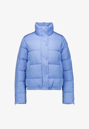 Helles blaues Daunenjacke mit hohem Kragen, Druckknöpfen und gestepptem Design. Verfügt über einen gerippten Saum und Bündchen für einen engen Sitz.
