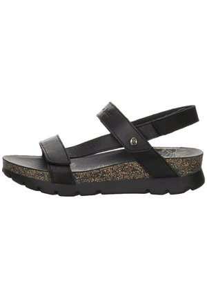 Black leather sandals with a cork footbed, featuring two adjustable straps and a textured sole for traction.