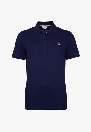 Granatowa koszulka polo wykonana z bawełny, z prążkowanym kołnierzem, krótkimi rękawami i czteroprzyciskowym rozpięciem. Na piersi znajduje się małe różowe logo.