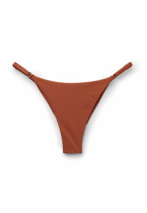 Bikinibund i rustfarve med justerbare sidestropper og minimal dækning, vist på en hvid baggrund.