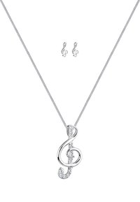 Sølv musiknote halskæde med cubic zirconia akcenter på en delikat kæde. Inkluderer matchende diskante treble clef øreringe.