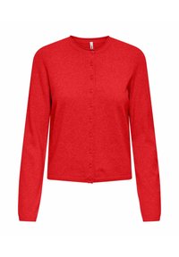 Cardigan rouge à manches longues, col rond et fermeture à boutons sur le devant. Tissu doux avec une texture uniforme, sans motifs ni accents visibles.