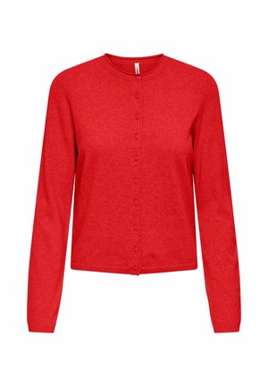 Cardigan rouge à manches longues, col rond et fermeture à boutons sur le devant. Tissu doux avec une texture uniforme, sans motifs ni accents visibles.
