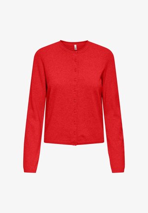 Cardigan rouge à manches longues, col rond et fermeture à boutons sur le devant. Tissu doux avec une texture uniforme, sans motifs ni accents visibles.