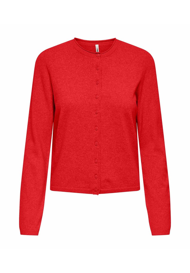 Cardigan rouge à manches longues, col rond et fermeture à boutons sur le devant. Tissu doux avec une texture uniforme, sans motifs ni accents visibles.