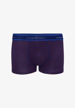 Boxer a righe in rosso scuro e blu, con una morbida cintura elastica con il logo "slopes & town". Realizzati in materiale liscio e leggero.