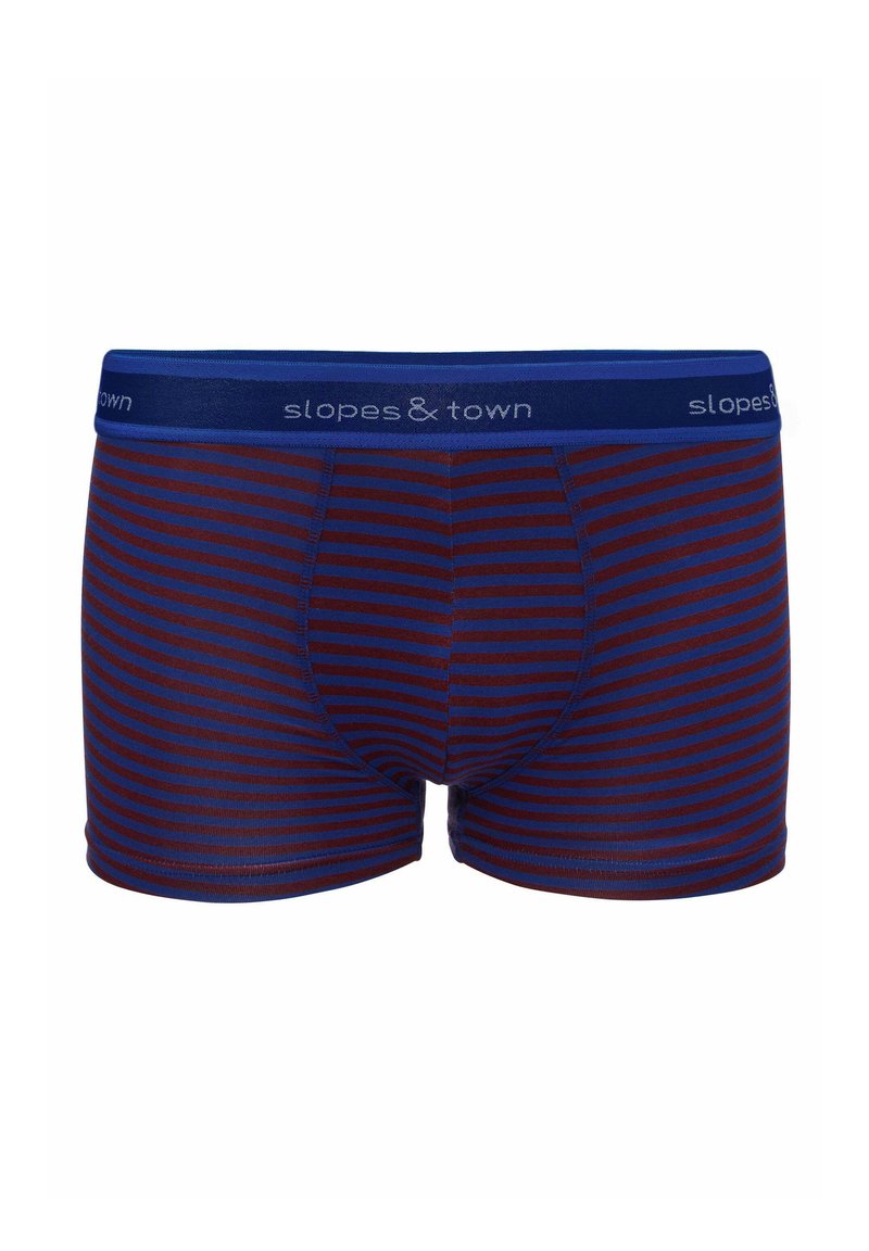 Pasiaste bokserki w ciemnoczerwonym i niebieskim kolorze, z miękkim elastycznym pasem w talii z logo "slopes & town". Wykonane z gładkiego, lekkiego materiału.