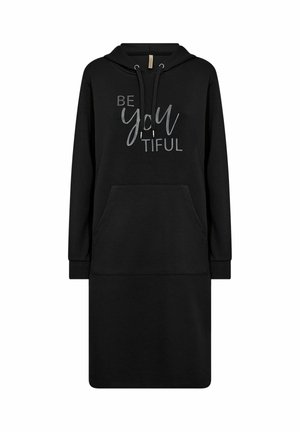 Fekete, hosszú ujjú kapucnis ruha kenguru zsebbel, "BE YOU TIFUL" felirattal vegyes betűtípusokkal a mellkasán.