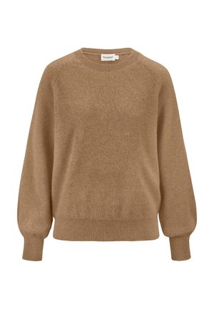 Schlichter, brauner Pullover aus Strick in Kameloptik mit langen, gepufften Ärmeln, gerippten Säumen und rundem Ausschnitt, auf weißem Hintergrund dargestellt.