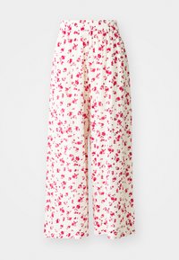 Pantaloni a gamba larga plissettati in tessuto bianco, con un motivo floreale caratterizzato da fiori rosa e rossi. Vita elastica per il massimo comfort.
