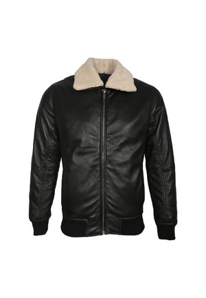 Zwarte leren bomberjack met een crèmekleurige bontkraag, een ritssluiting aan de voorkant en geribde manchetten en onderkant. Gladde textuur met gestikte details.