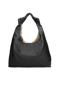 Sac hobo en cuir noir avec une texture douce et une anse torsadée. L'intérieur est de couleur claire, présentant une forme courbée sans couture.