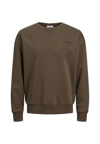Sudadera verde oliva hecha de tela suave, con cuello redondo, puños acanalados y un pequeño logo de texto "Lunar Hypnosis" en el pecho.