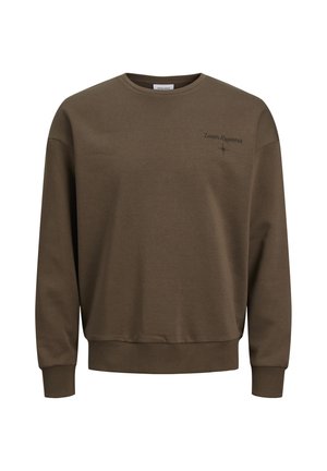 Sudadera verde oliva hecha de tela suave, con cuello redondo, puños acanalados y un pequeño logo de texto "Lunar Hypnosis" en el pecho.