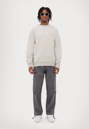Light gray sweatshirt with ribbed cuffs, paired with dark gray cargo pants featuring multiple pockets and drawstring hems. White sneakers and sunglasses.