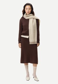 Kvinna klädd i en brun stickad tröja och kjol, beige mönstrad scarf, beige skjorta under, beige strumpor och vita klackskor, stående.