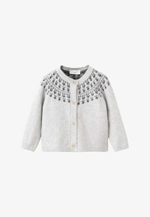 Grey knitted cardigan with a round neckline, featuring a black floral pattern at the yoke and wooden buttons down the front.