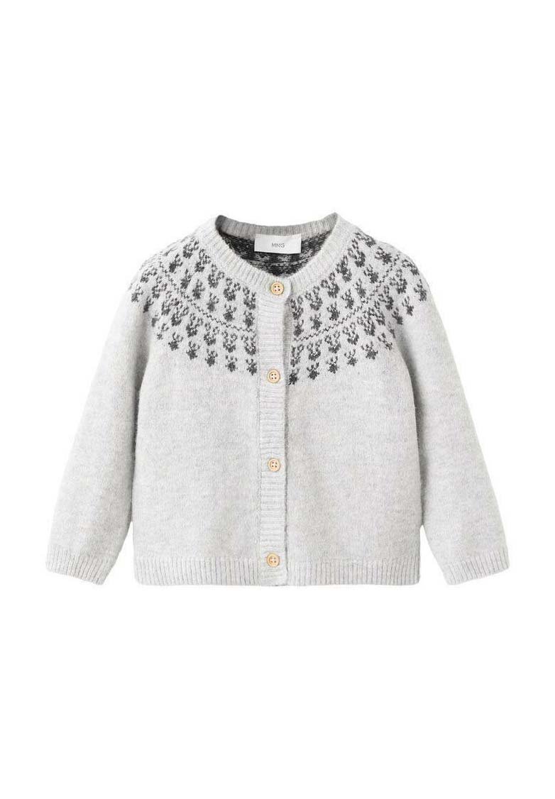 Szary dzianinowy sweter z okrągłym dekoltem, z czarnym kwiatowym wzorem na karczku i drewnianymi guzikami z przodu.