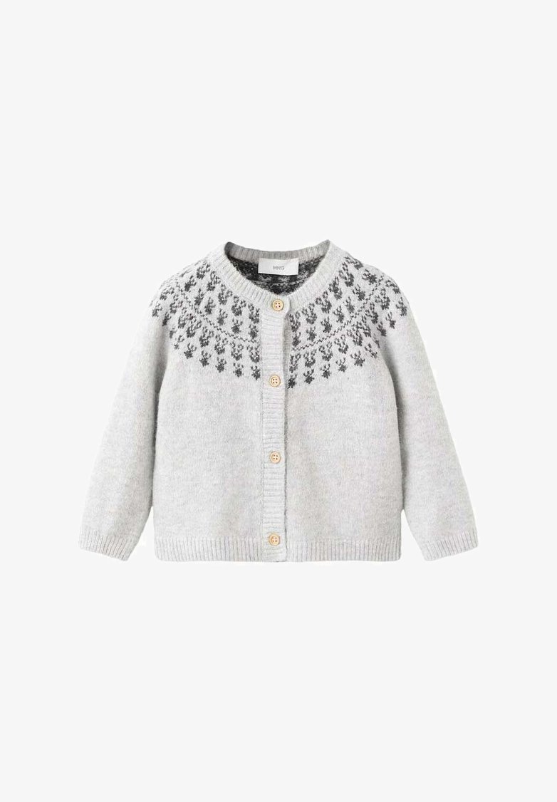 Grijze gebreide cardigan met een ronde halslijn, voorzien van een zwart bloempatroon bij de schoudernaad en houten knopen aan de voorkant.