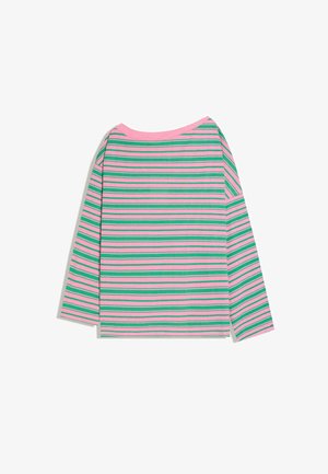 Long-sleeve pink top with green horizontal stripes and a wide neckline, laid flat against a white background.