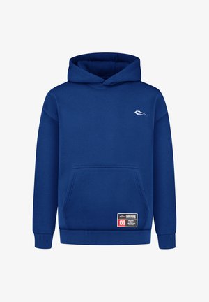 Blauwe pullover hoodie met een voorzak, ribgebreide mouwen en zoom; heeft een wit logo op de borst en een label op de zak.