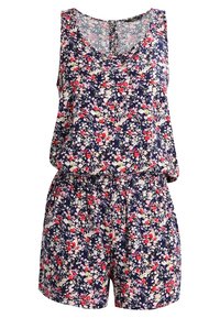 Námořnický modrý květinový overal s lodičkovým výstřihem, bez rukávů, elastickým pasem a vícebarevnými květinovými vzory po celém povrchu.