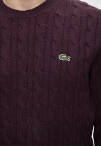 Pull à torsades violet foncé avec col rond et petit logo crocodile vert sur la poitrine gauche.