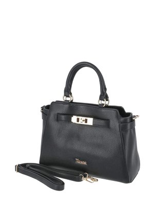 Czarna, teksturowana skórzana torebka z górnymi uchwytami, odpinanym długim paskiem i złocistą, prostokątną klamrą z przodu.