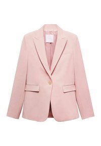 Blazer rose clair en tissu lisse. Doté d'un col cranté, d'une fermeture à bouton unique, de deux poches avant et d'une doublure intérieure.