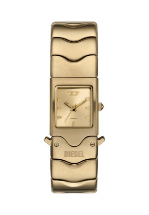 Gold-tone rectangular Diesel wristwatch with linked metal band, analog dial showing 10:10, and "5 BAR" water resistance marking.