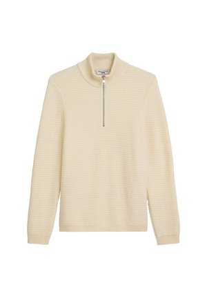 Beige katoenen trui met een textuurpatroon, hoge kraag en een korte rits bij de hals. Lange mouwen en geribde manchetten en zoom.