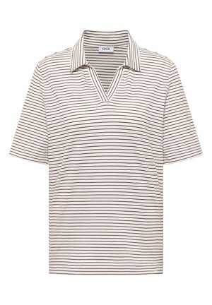 Lyhythihainen valkoinen poolopaita, jossa kapeat vaakasuorat ruskeat raidat ja V-kaulus.