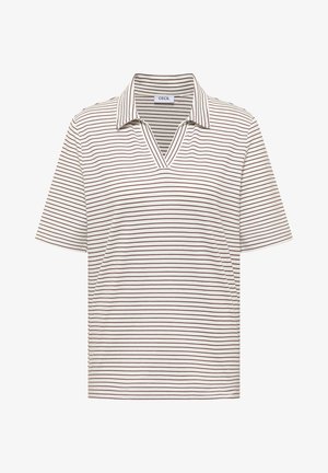 Hvid polo med korte ærmer, smalle horisontale brune striber og V-udskåret krave.