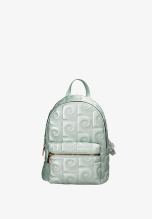 Lichtgroene gewatteerde rugzak met spiraalpatroon, voorzak met ritssluiting en handvat aan de bovenkant tegen een witte achtergrond.