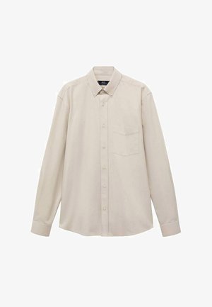 Beige långärmad skjorta med knapp-down krage, framficka och slät textur; har en fullängds knappslå.